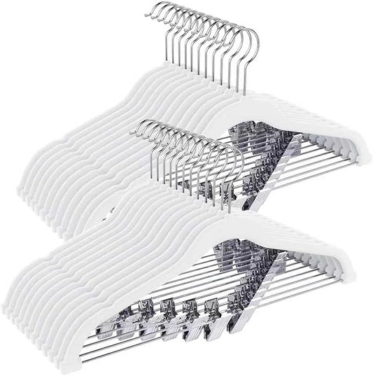 Korpai 24-Pack White Velvet Hangers with Clips Adjustable,Outfit Hangers,Heavy-Duty,Non-Slip,Space Saving, Felt Hanger for Pants, Skirts, Suits,Coats, Dresses ect.