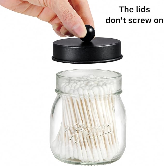 SheeChung 3 Pack Qtip Holder, Cotton Swab Holders, Apothecary Jars with Lids, Bathroom Jars, Black Bathroom Accessories for Cotton Round Pads, Balls, Floss Pick - Black