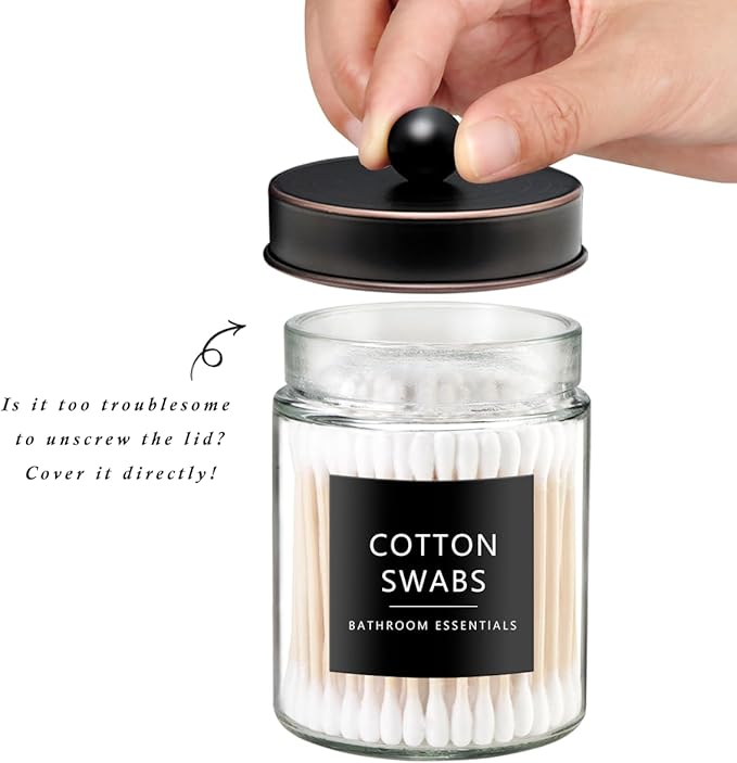SheeChung 2-Pack Qtip Holder Dispenser-Glass Apothecary Jars with Rust-Proof Stainless Steel Lids-Vintage Rustic Farmhouse Bathroom Vanity Organizer for Cotton Swabs, Balls, Pads(Oil Rubbed Bronze