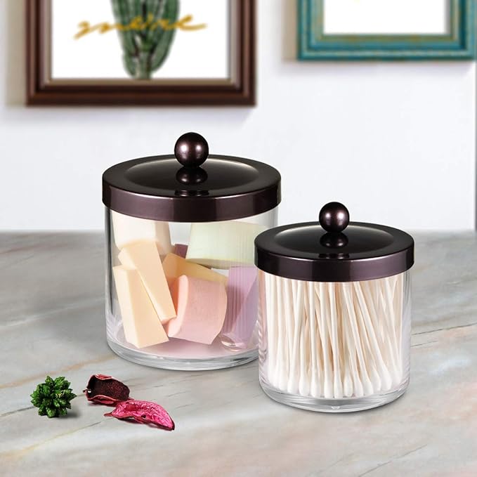 SheeChung 2-Pack Plastic Apothecary Jars with Bronze Metal Lids-25oz & 15oz Clear Acrylic Qtip Holder Set- Shatterproof Bathroom Vanity Organizer for Cotton Balls, Swabs-Modern Farmhouse Rustic Decor