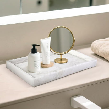 Real Natural Marble Tray, 11.7" x 7.8" Decorative Vanity Tray for Bathroom Countertop, Kitchen Counter, or Catchall, White Coffee Table Tray for Jewelry, Perfume, Candles, Office, Home Decor