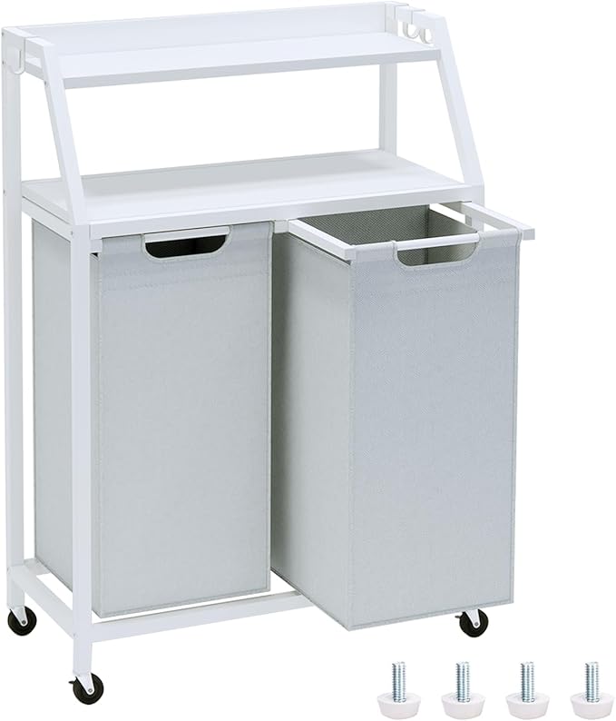 Timberer Laundry Hamper, Laundry Sorter 2 Section, Rolling Laundry Basket with Wheels, 2 Shelves, 2 × 14.5 Gal, Pull-Out and Removable Oxford Fabric Bags, for Laundry Room, White and Grey