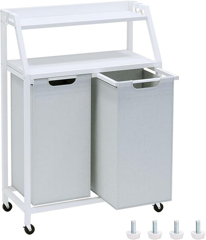Timberer Laundry Hamper, Laundry Sorter 2 Section, Rolling Laundry Basket with Wheels, 2 Shelves, 2 × 14.5 Gal, Pull-Out and Removable Oxford Fabric Bags, for Laundry Room, White and Grey