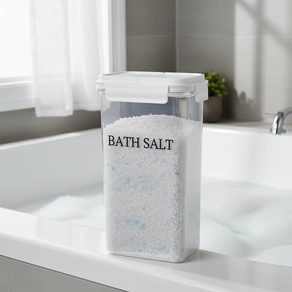 Bath Salt Jar, 78 oz Plastic Bath Salt Container with Scoop, Airtight Storage with Locking Lids, Stackable Clear Canister for Epsom Salt, Bathtub Accessories