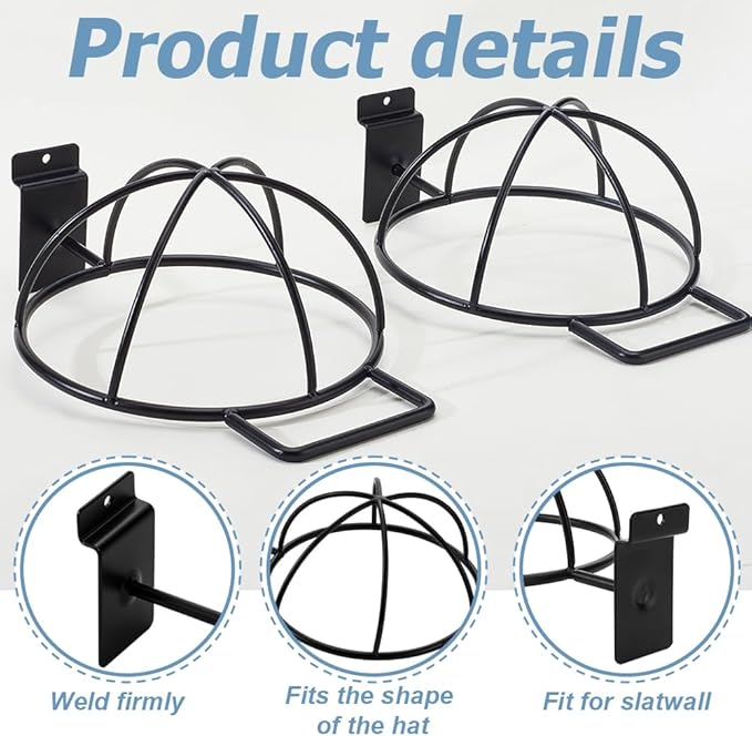 AHANDMAKER 6 Pcs Slat Wall Hat Display Rack Wall Mounted Durable Metal Hat Organizer Accessories for Baseball Caps Wigs Retail Store Warehouse Display Decoration, Black