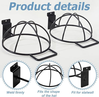 AHANDMAKER 6 Pcs Slat Wall Hat Display Rack Wall Mounted Durable Metal Hat Organizer Accessories for Baseball Caps Wigs Retail Store Warehouse Display Decoration, Black
