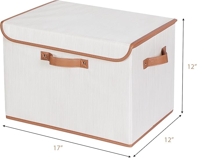Univivi Heavy Duty Fabric Storage Bins with Lid, Large 17" 10 Gallon Stackable Storage Bins with Leather Handles, Decorative Storage Boxes with Lids for Bedroom, Closet, Nursery, Office, 3-Pack(Beige)