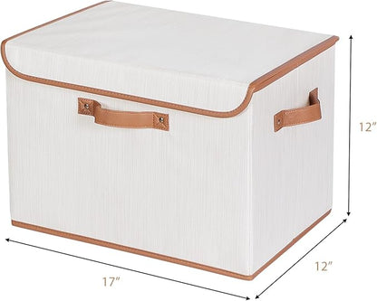 Univivi Heavy Duty Fabric Storage Bins with Lid, Large 17" 10 Gallon Stackable Storage Bins with Leather Handles, Decorative Storage Boxes with Lids for Bedroom, Closet, Nursery, Office, 3-Pack(Beige)