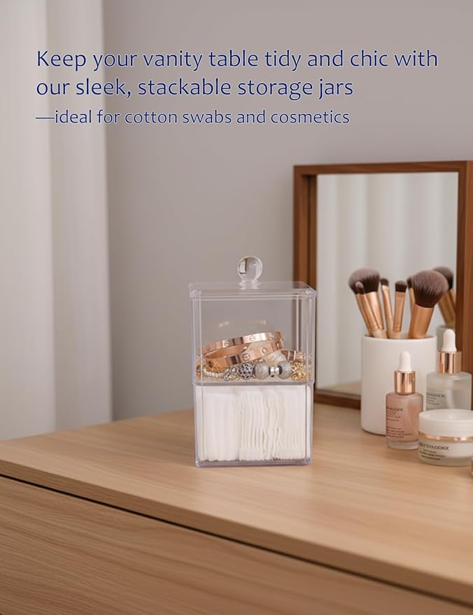 Cotton Swab Holder with Clear Plastic Lid, Double Layer Cotton Bud Dispenser, Premium Plastic Organizer for Guest Bathroom Vanity, Floss Pick & Hair Tie Storage Container