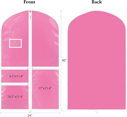 Univivi Dance Costume Garment Bags for Kids, 40 Inch Foldable Hanging Garment Bags for Dancers with Clear PVC Window and 3 Zipper Pockets, Rose Red (5 Pack)