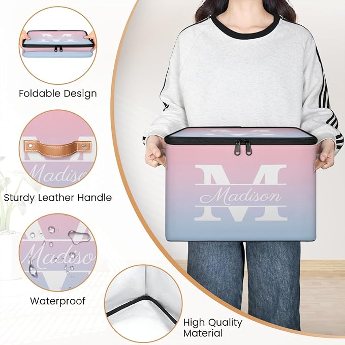 Custom Storage Bins with Initial Name, Personalized Storage Basket Boxes with Lid, Foldable Shelf Basket, Blue Pink Gradient