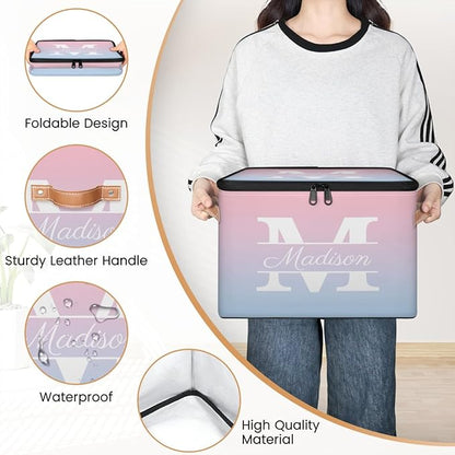 Custom Storage Bins with Initial Name, Personalized Storage Basket Boxes with Lid, Foldable Shelf Basket, Blue Pink Gradient