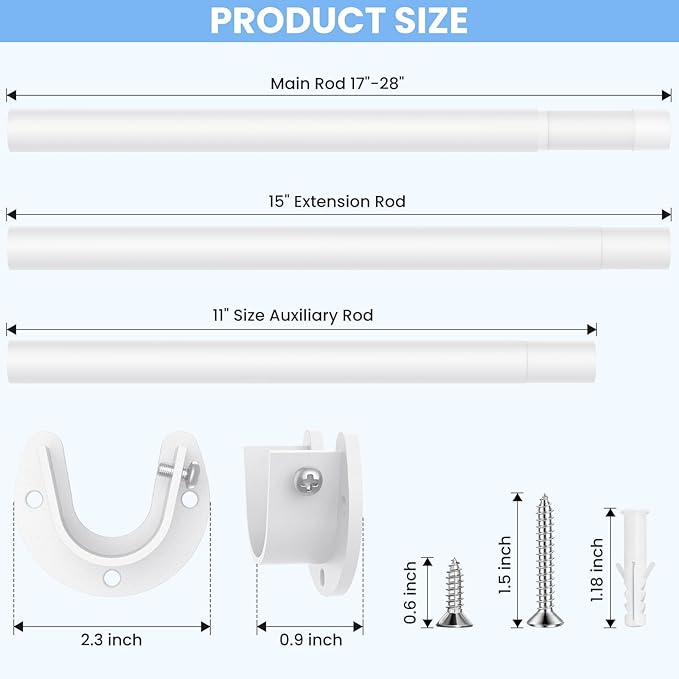 Closet Rods for Hanging Clothes, 17 to 99 Inch Heavy Duty Stepless Adjustable Closet Hanging Rod, 1.3 Inch Diameter Metal Closet Rod for Wardrobes Laundry Bedroom RV, White