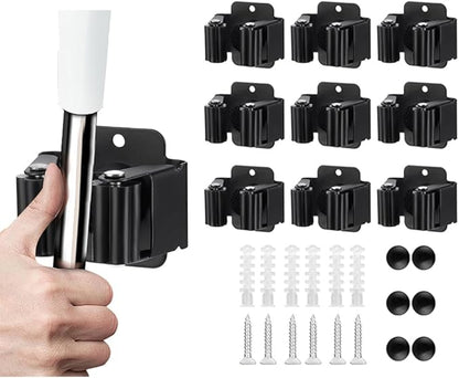 JAMEND CLXP 9PCS Broom and Mop Holder, Heavy Duty Garden Tool Organizer Rack Rake and Shovel Handle, Stainless Steel Mop Hanger. Screws for Wall Mounted. Matte Black