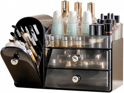 Bird&Fish Makeup Organizer with Sliding Brush Holder, Clear Skincare Organizer with Drawers, Bathroom Countertop Organizer, Sturdy Cosmetic Storage Case for Vanity, Dresser (Black)