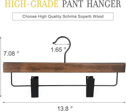 TOPIA HANGER Pants Hangers, Wooden Skirt Hangers with Adjustable Metal Clips, Premium Retro Finish and 360° Swivel Black Hook, Jean Hangers for Closet,10 Pack, CT03A