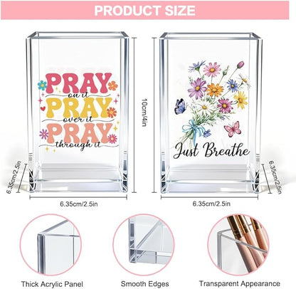 Just breathe 2 Pack Acrylic Cosmetic Pencil Pen Holder Cup, Hope Inspirational Makeup Brush Organizer Holder, Women Faith Gifts, Christian Encouragement Gifts for Women Mom Daughter Teacher