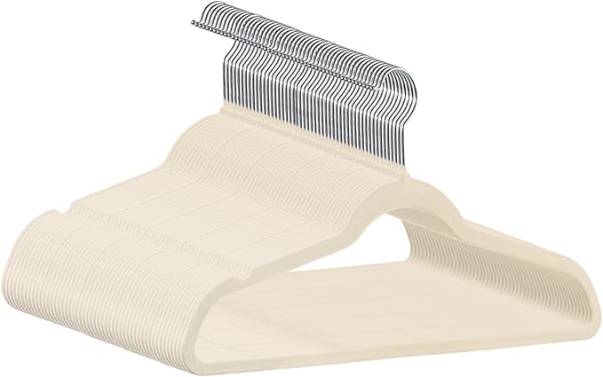 Premium Velvet Hangers 50 Pack, Non-Slip Suit Clothes Hangers, 360 Degree Swivel Hooks and Slim Profile to Maximize Closet Space Beige/Silver