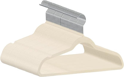 Premium Velvet Hangers 50 Pack, Non-Slip Suit Clothes Hangers, 360 Degree Swivel Hooks and Slim Profile to Maximize Closet Space Beige/Silver