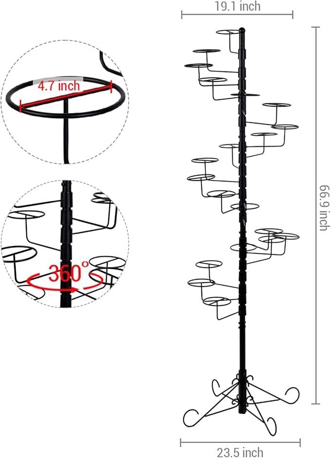 MyGift 5.5 Foot Modern Freestanding Black Metal Hat Organizer Rack, 360 Degree Rotating Wig or Cowboy Hat Display Stand with 20 Circular Hooks