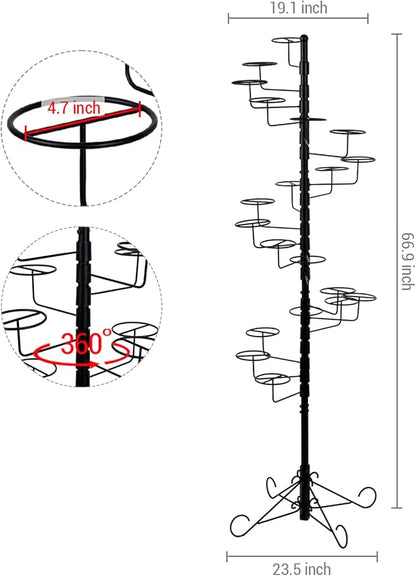 MyGift 5.5 Foot Modern Freestanding Black Metal Hat Organizer Rack, 360 Degree Rotating Wig or Cowboy Hat Display Stand with 20 Circular Hooks
