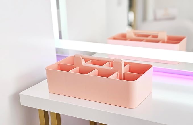 New Plastic Portable Makeup Organizer Caddy Tote Divided Basket Bin with Handle, for Bathroom Storage Made In USA (Indie Pink)