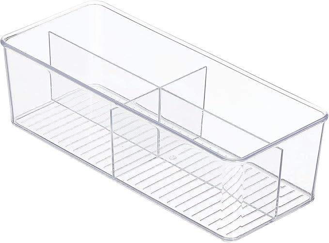 mDesign Plastic Kitchen Cabinet Storage Organizer Bin Box - 4 Divided Sections for Pantry Shelves, Countertops, Island, or Cupboard - Holds Snacks, Tea Bags, Spices, Sauces, Ligne Collection, Clear