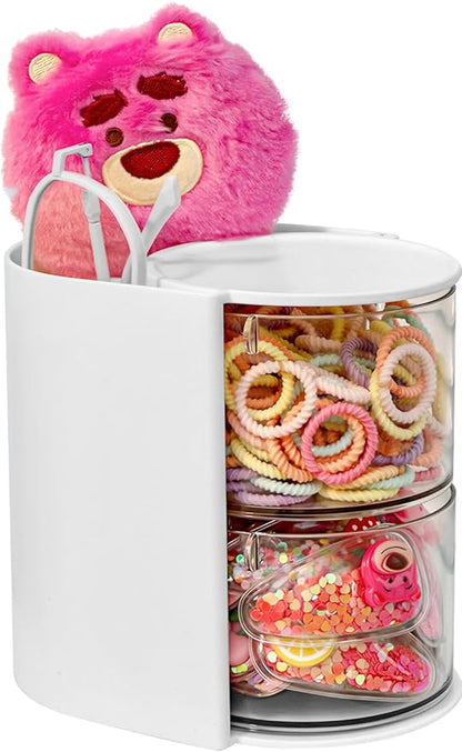 Clear Hair Accessories Organizer & Hair Brush Holder, Rotatable Makeup Brush Holder and Jewelry Storage Box for Hair Clips, Earrings, Necklaces, Rings and Bracelets (White, 2-Layer)