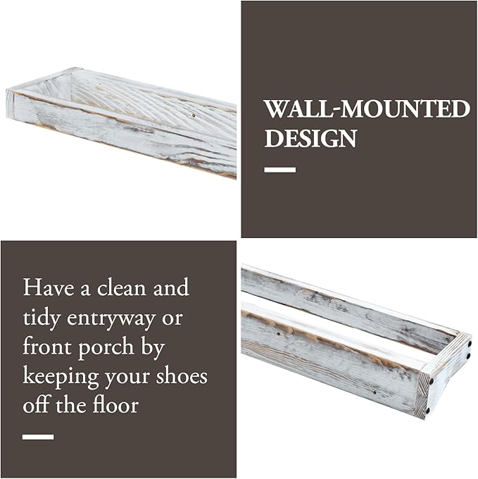 MyGift 30 Inch Shabby White Washed Solid Wood Wall Mounted Shoe Hanger Storage Rack, Hanging Shoes Organizer Shelf for Closet Mudroom Entryway, Set of 2 Holds 6 Pairs