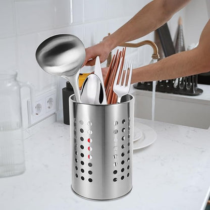 ULTECHNOVO Kitchen Utensil Holder with Drain Holes Stainless Steel Cutlery Organizer for Chopsticks Spoons Forks - 7X4.7 Inch Flatware Drying Rack for Countertop Storage