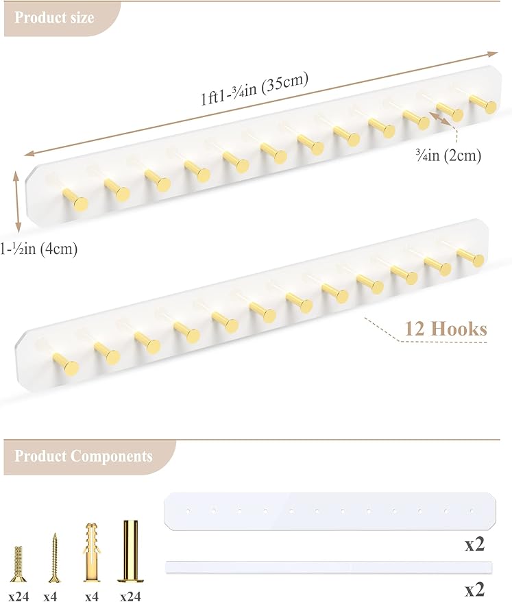 NiHome Wall Mounted Acrylic Jewelry Organizer 2-Pack, Durable Sleek Rack Strong Carbon Steel Hooks for Dressing Table, Bathroom, Kitchen, Hassle-Free Installation Multiple Mounting Options (White)