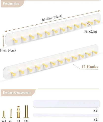 NiHome Wall Mounted Acrylic Jewelry Organizer 2-Pack, Durable Sleek Rack Strong Carbon Steel Hooks for Dressing Table, Bathroom, Kitchen, Hassle-Free Installation Multiple Mounting Options (White)