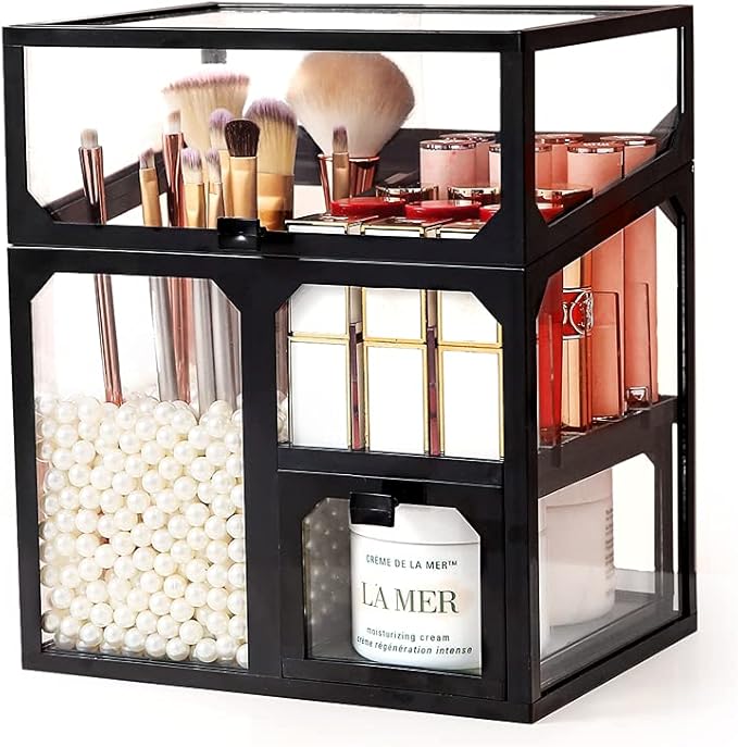 MOOCHI Black Vintage Glass Cosmetic Multifunctional Makeup Organizer with Pearls Dustproof Cosmetics Storage Display Case For Brushes Lipsticks
