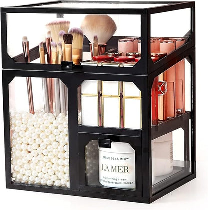 MOOCHI Black Vintage Glass Cosmetic Multifunctional Makeup Organizer with Pearls Dustproof Cosmetics Storage Display Case For Brushes Lipsticks