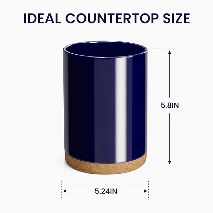 Ceramic Kitchen Utensil Holder for Countertop, Modern Crock with Non-Slip Cork Base, Counter Organizer for Cooking Tools , Blue