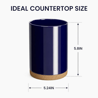 Ceramic Kitchen Utensil Holder for Countertop, Modern Crock with Non-Slip Cork Base, Counter Organizer for Cooking Tools , Blue