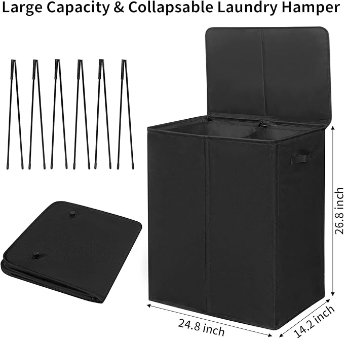 WOWLIVE 154L Double Laundry Hamper with Lid and Removable Laundry Bags, Large Dirty Clothes Hamper 2 section Collapsible Laundry Basket Dorm Room Storage for Bedroom, Bathroom, College, Black