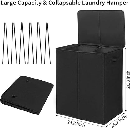 WOWLIVE 154L Double Laundry Hamper with Lid and Removable Laundry Bags, Large Dirty Clothes Hamper 2 section Collapsible Laundry Basket Dorm Room Storage for Bedroom, Bathroom, College, Black