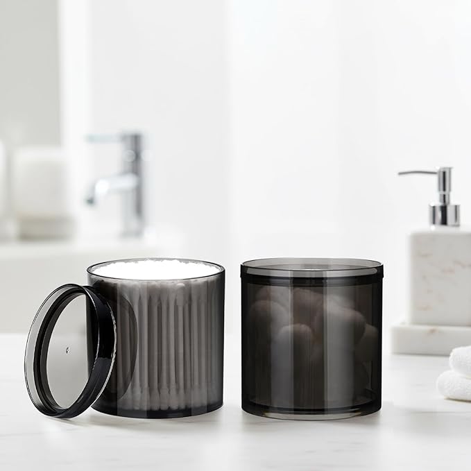 4Pack Stackable Black Plastic Container - 20 Ounce Round Vanity Storage Organizers with Lids for Hair Accessories & Beauty Supplies & Bathroom Container Set