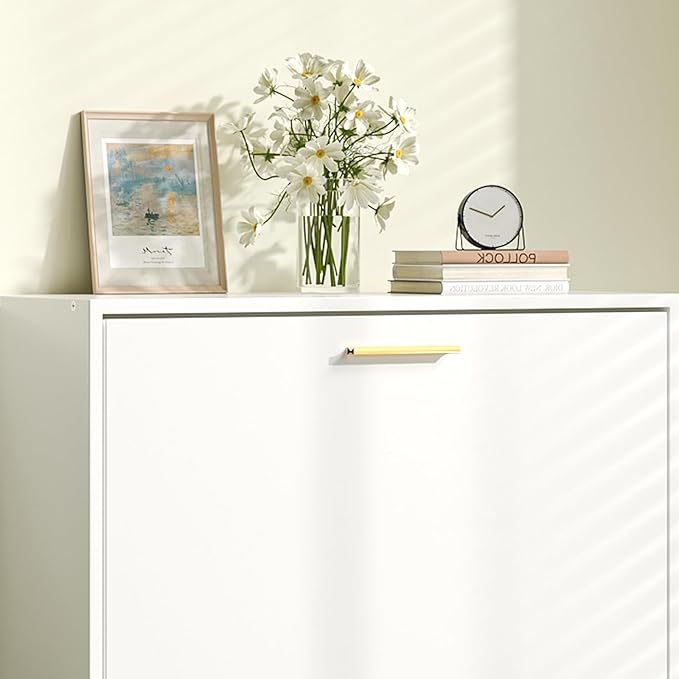 JOZZBY Shoe Cabinet Storage for Entryway, Freestanding Narrow Slim Shoe Organizer Cabinet with 2 Flip Drawers, Wooden Shoe Rack for Hallway, Living Room, White
