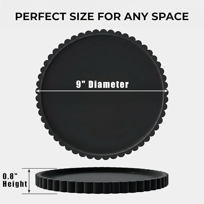 Round Silicone Bathroom Vanity Tray, Decorative Organizer for Soap, Perfume, Candle, Kitchen Countertop, Coffee Table Decor (Black, 9")