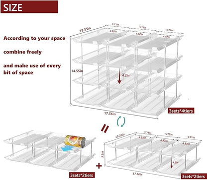 Attelite Can Organizer for Pantry, 3 Sets 4 Tiers Can Storage Organizer Pantry,Soda Can Organizer for Fridge 48 Cans Rack Automatic Rolling Stackable Canned Food Organizer,Clear