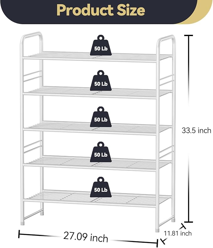 Simple Shoe Rack, 5 Tier Heavy Duty Metal Shoe Shelf 27 Inch Wide, White