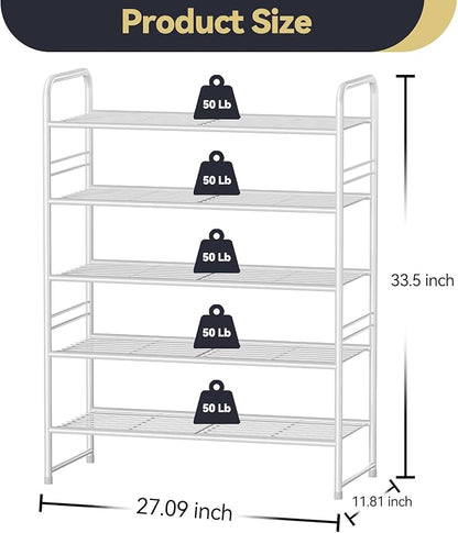 Simple Shoe Rack, 5 Tier Heavy Duty Metal Shoe Shelf 27 Inch Wide, White