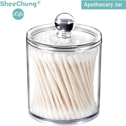 SheeChung 8 Pack Clear Acrylic Apothecary Jars with Labels,(4) 12oz & (4) 10oz Qtip Holder Set,Shatterproof Bathroom Vanity Organizer for Cotton Swabs,Balls,Pads,Bathroom Essentials,Minimalist Decor