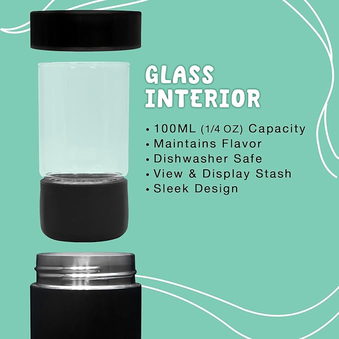nugbuddy Mini Airtight Storage Container - Vacuum Sealed Insulated w Nested Glass Jar - UV Protection, Temperature Controlled Stainless - Whiteboard Finish w Marker Included - 100 ml