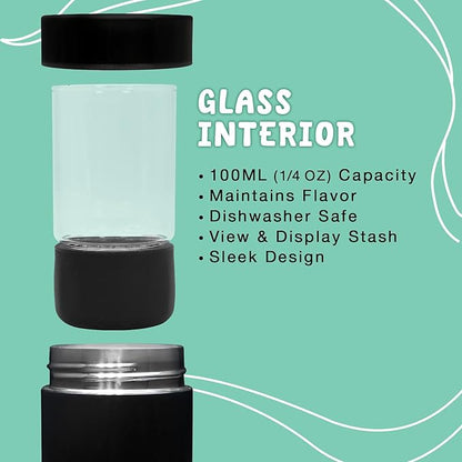 nugbuddy Mini Airtight Storage Container - Vacuum Sealed Insulated w Nested Glass Jar - UV Protection, Temperature Controlled Stainless - Whiteboard Finish w Marker Included - 100 ml