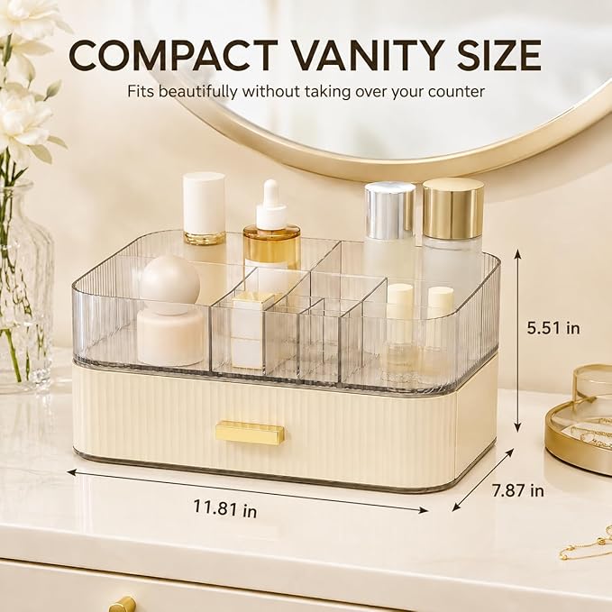 Makeup Organizer with Wide Drawer for Vanity, Stackable Cosmetic Organizer Countertop, Clear Skincare Storage for Bathroom Counter, Perfume, Lipstick, Brushes and Palettes, Cream White