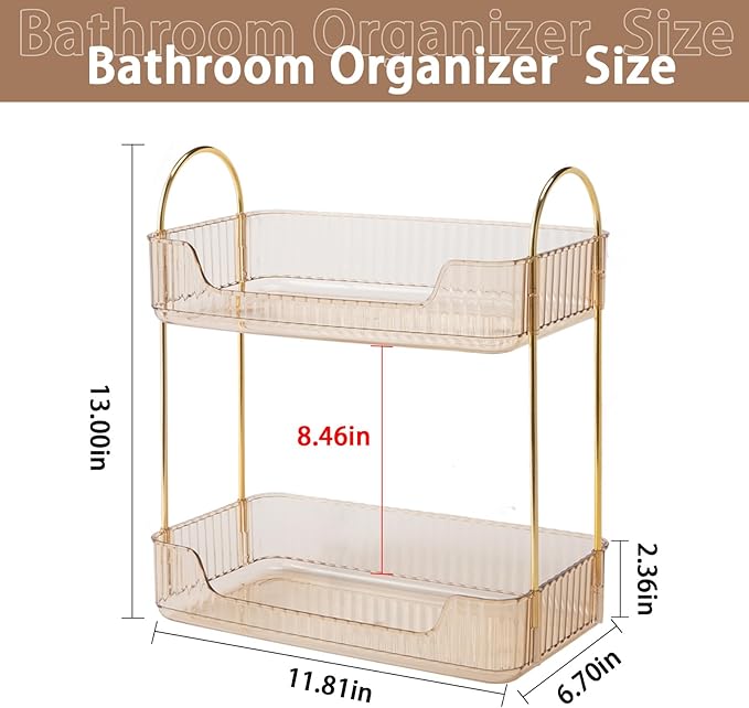 shuang qing Bathroom Counter Organizer Countertop Storage, Cosmetics Skincare Shelf, Makeup Organizer Perfume for Dresser Vanity Tray, Spice Rack for Kitchen(2 Tier-Gold)