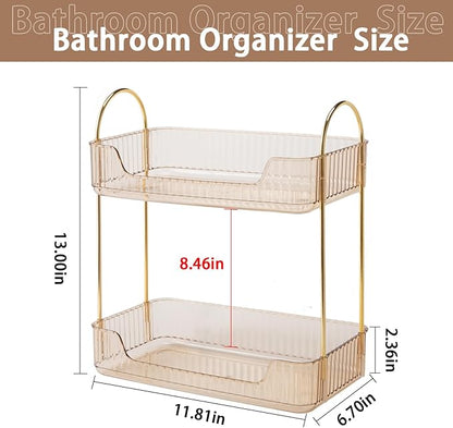 shuang qing Bathroom Counter Organizer Countertop Storage, Cosmetics Skincare Shelf, Makeup Organizer Perfume for Dresser Vanity Tray, Spice Rack for Kitchen(2 Tier-Gold)